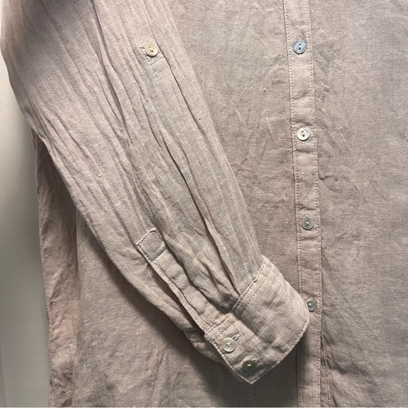 Sigrid Olsen Linen Button Front Tunic Top Beige Long Sleeve Pocket Large Collar - Picture 3 of 4